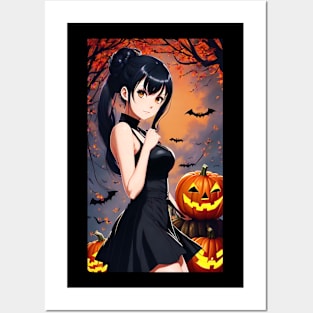 Kawaii Anime Girl In Mysterious Black Clothes Posters and Art